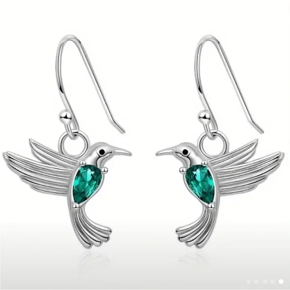 Silver Hummingbird Drop Earrings with Emerald Green Crystal - Picture 1 of 3